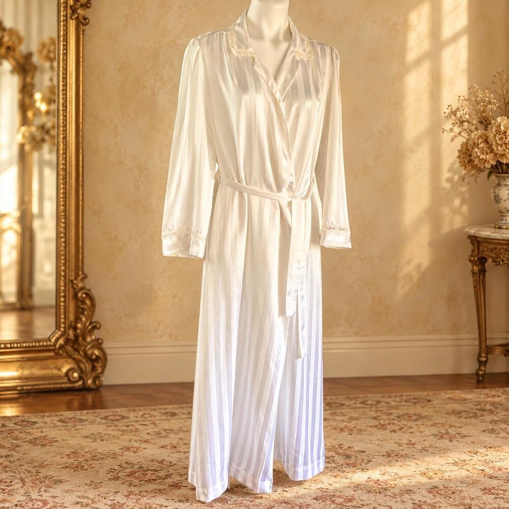Vintage Christian Dior Lingerie 1980s White Satin Stripe Lace Trim Robe Large